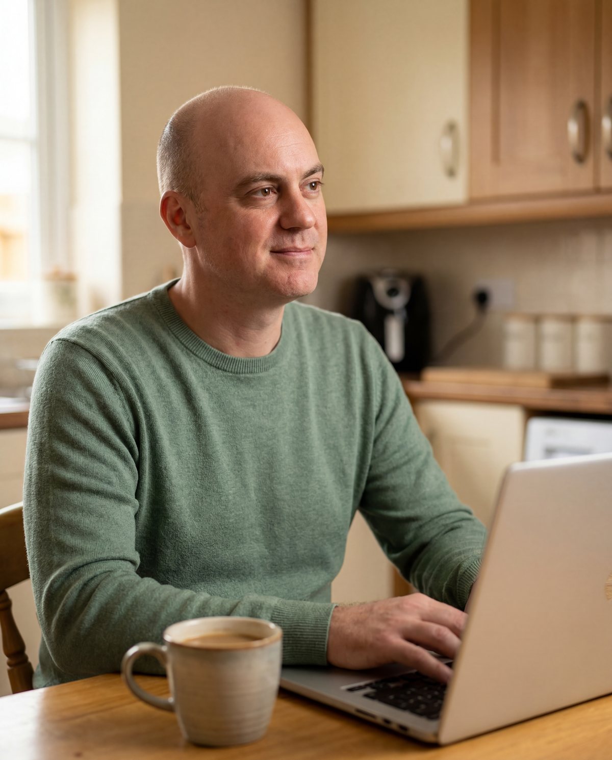 David Harbert at his kitchen table with a laptop and coffee